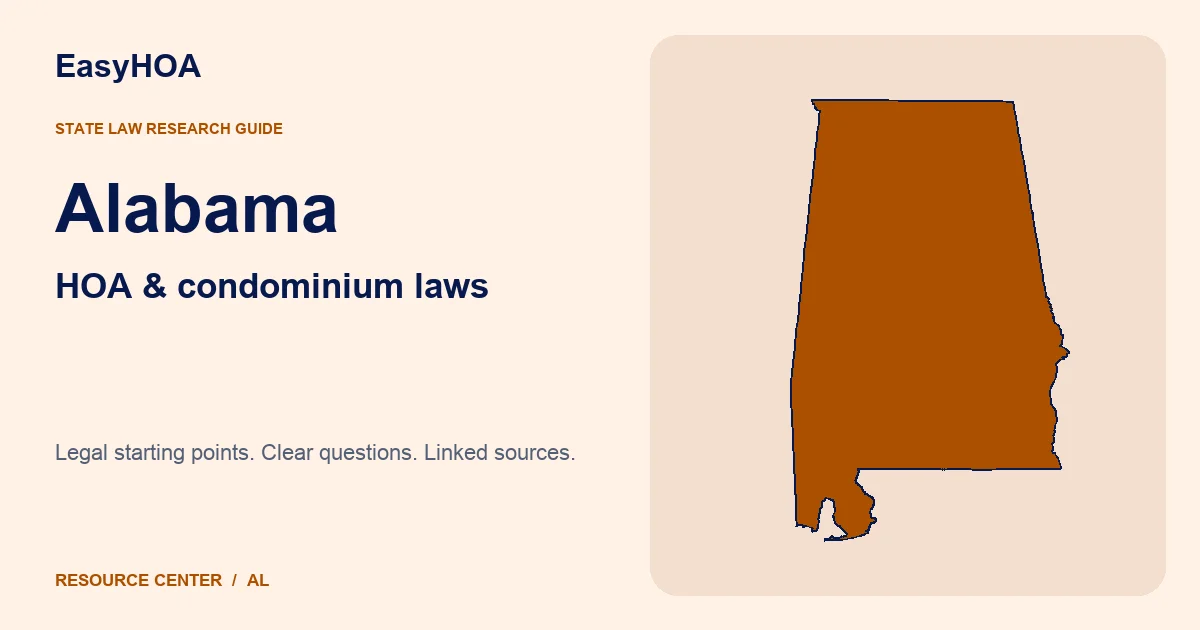Alabama outline alongside the EasyHOA HOA and condominium law guide title
