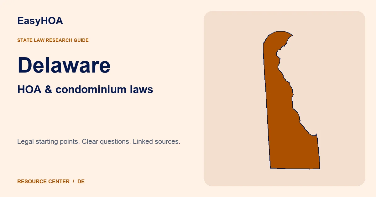 Delaware outline alongside the EasyHOA HOA and condominium law guide title
