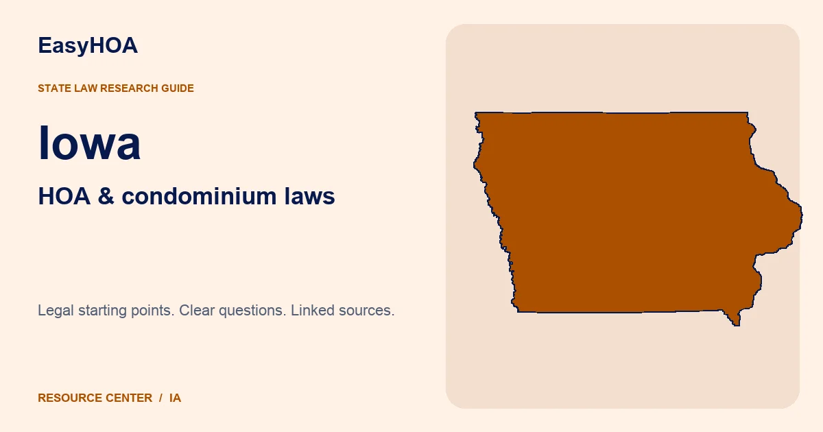 Iowa outline alongside the EasyHOA HOA and condominium law guide title