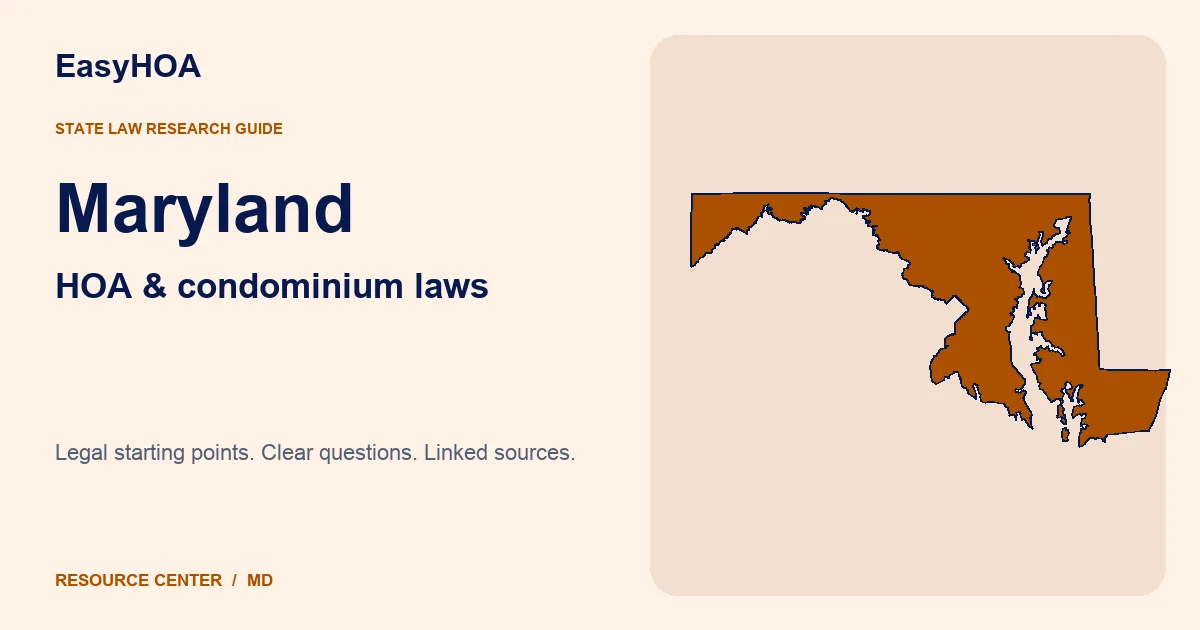 Maryland outline alongside the EasyHOA HOA and condominium law guide title