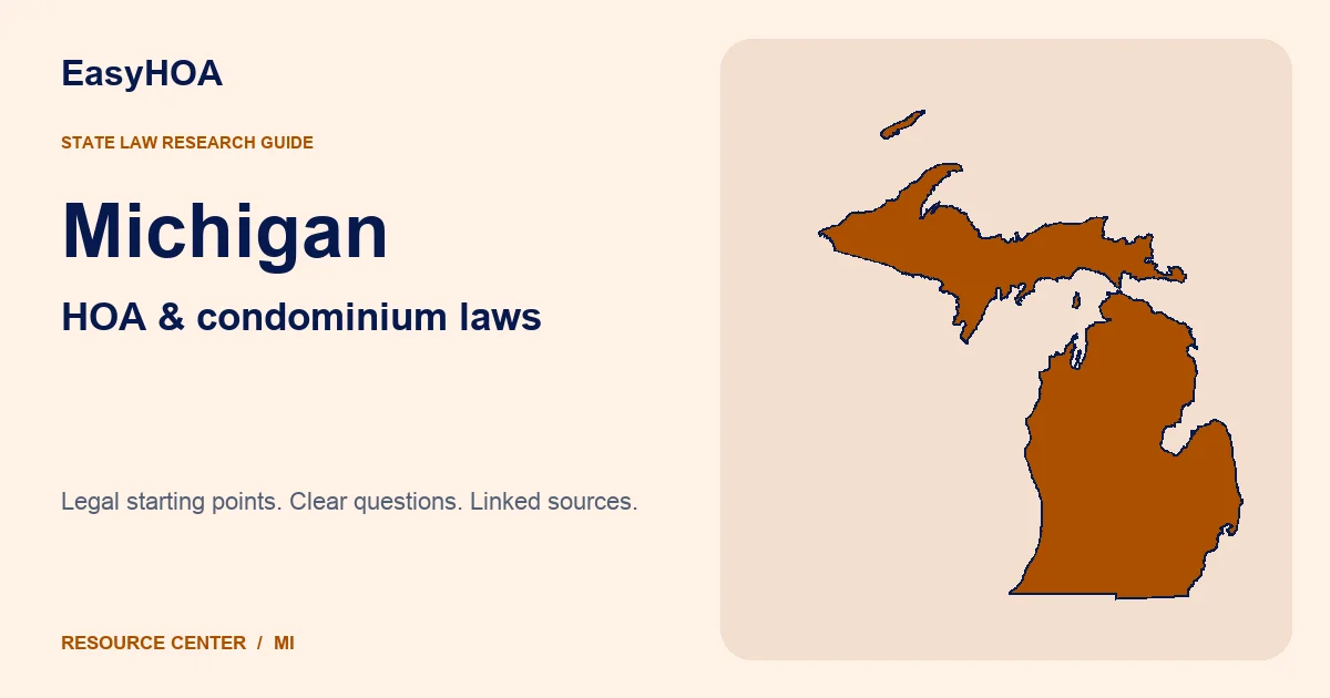 Michigan outline alongside the EasyHOA HOA and condominium law guide title