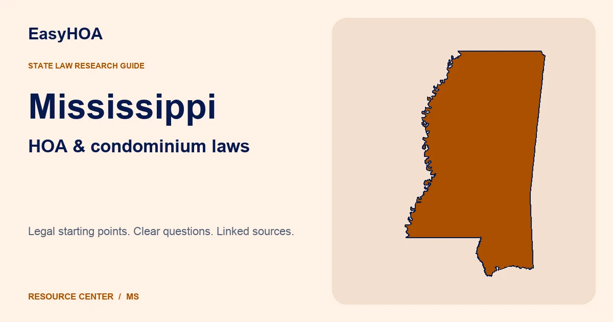 Mississippi outline alongside the EasyHOA HOA and condominium law guide title