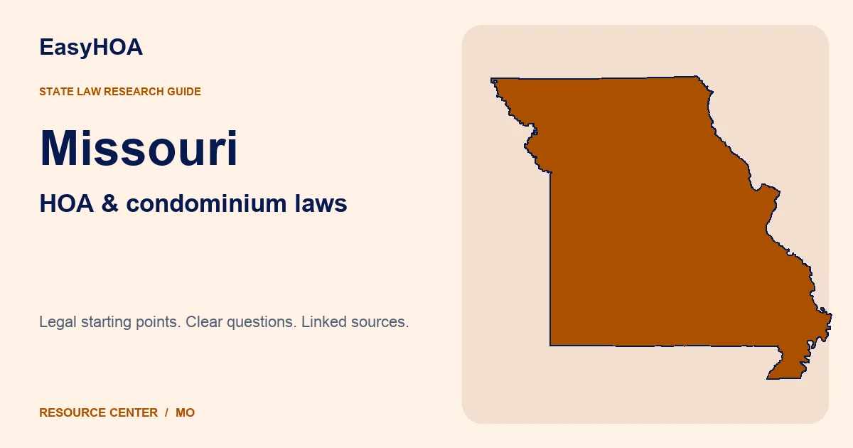 Missouri outline alongside the EasyHOA HOA and condominium law guide title