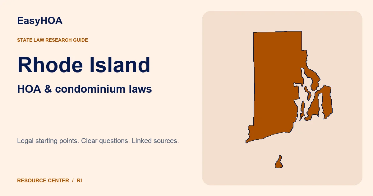 Rhode Island outline alongside the EasyHOA HOA and condominium law guide title