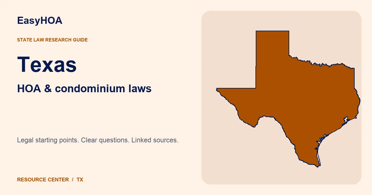 Texas outline alongside the EasyHOA HOA and condominium law guide title