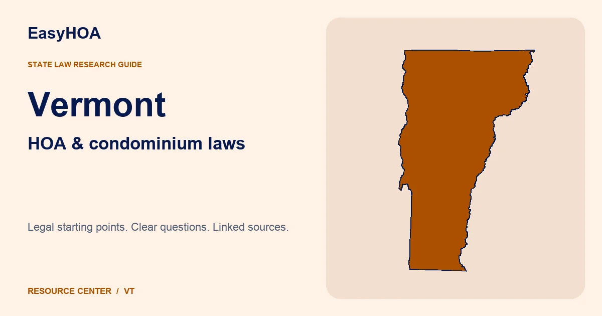 Vermont outline alongside the EasyHOA HOA and condominium law guide title