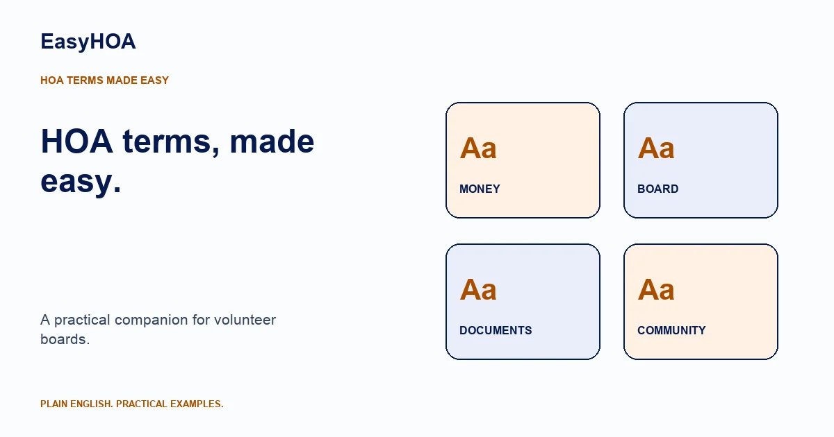 Four illustrated topic cards for money, board work, documents, and community